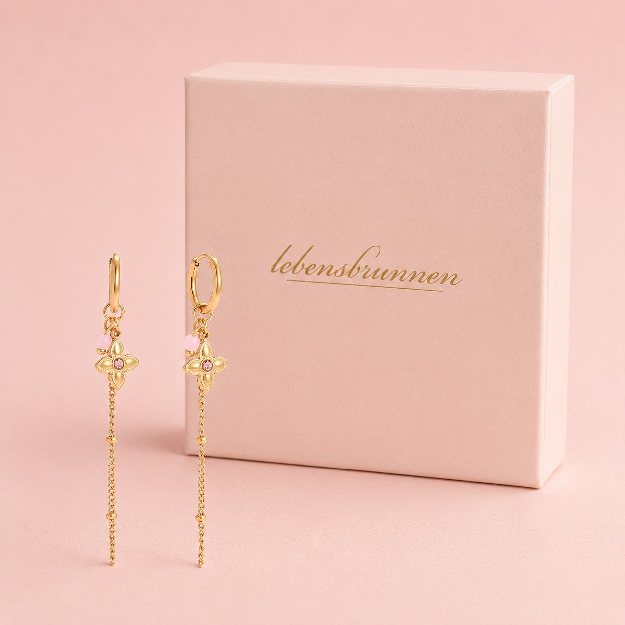Blumen Ohrketten mit Zirkonia – vergoldet, 60 × 10 mm