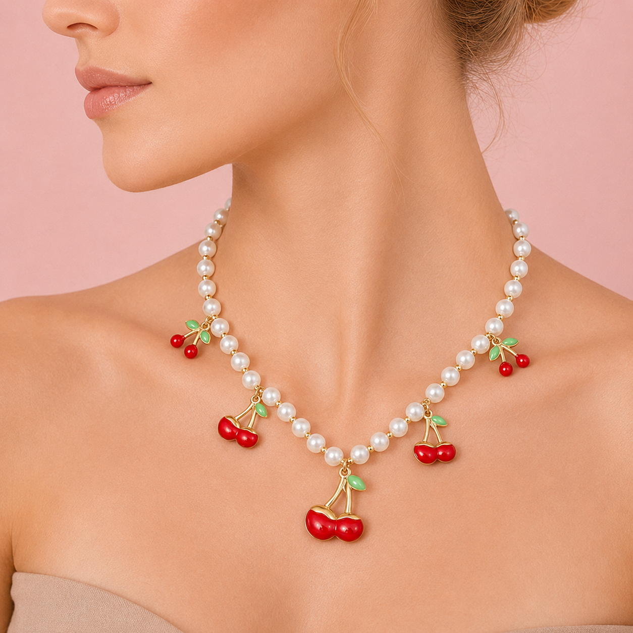 Kirschen und Kunstperlen Halskette "Cherry In Pearl" - vergoldet, 45cm
