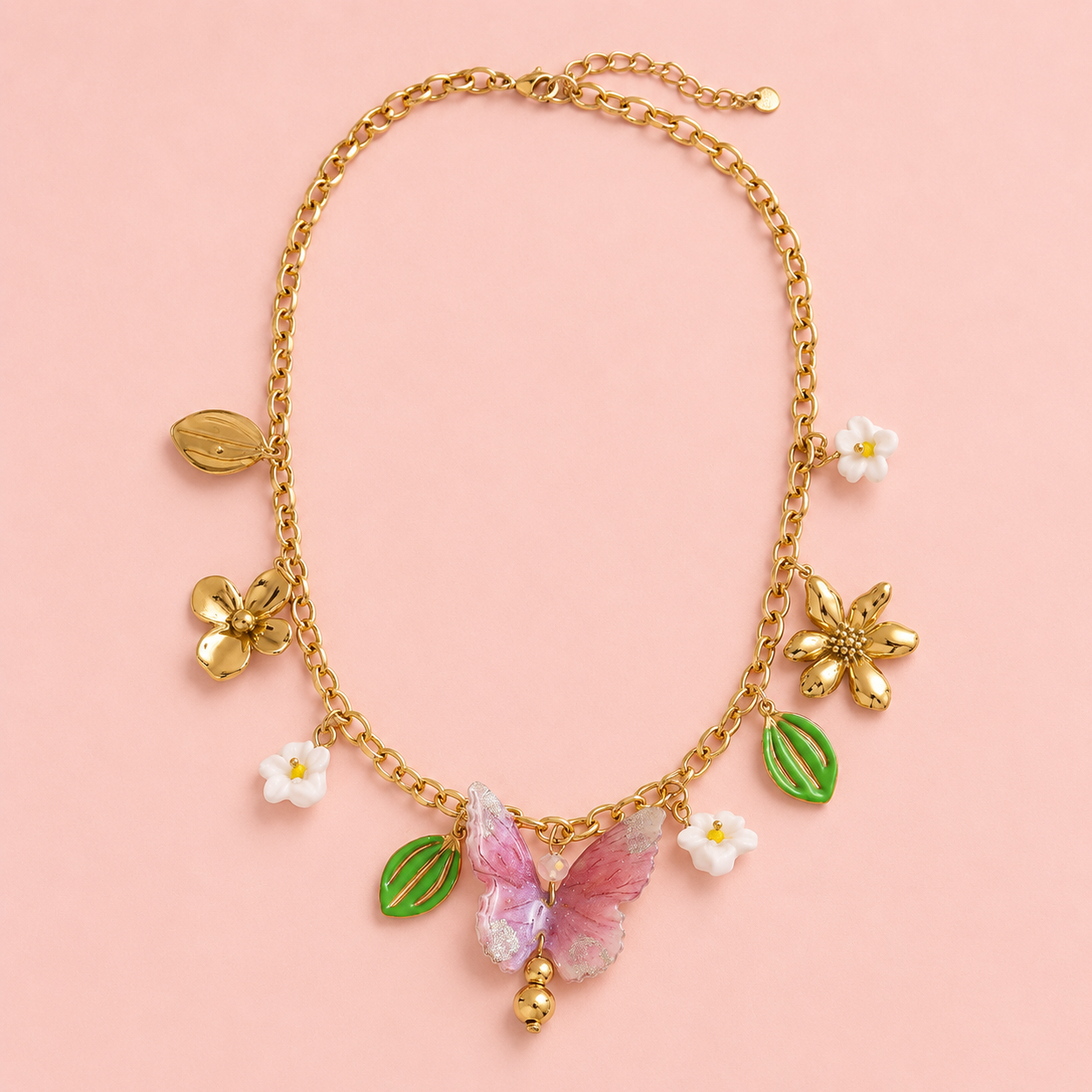 Halskette mit Schmetterling, Herz und Blüten – vergoldet, 42 + 5 cm