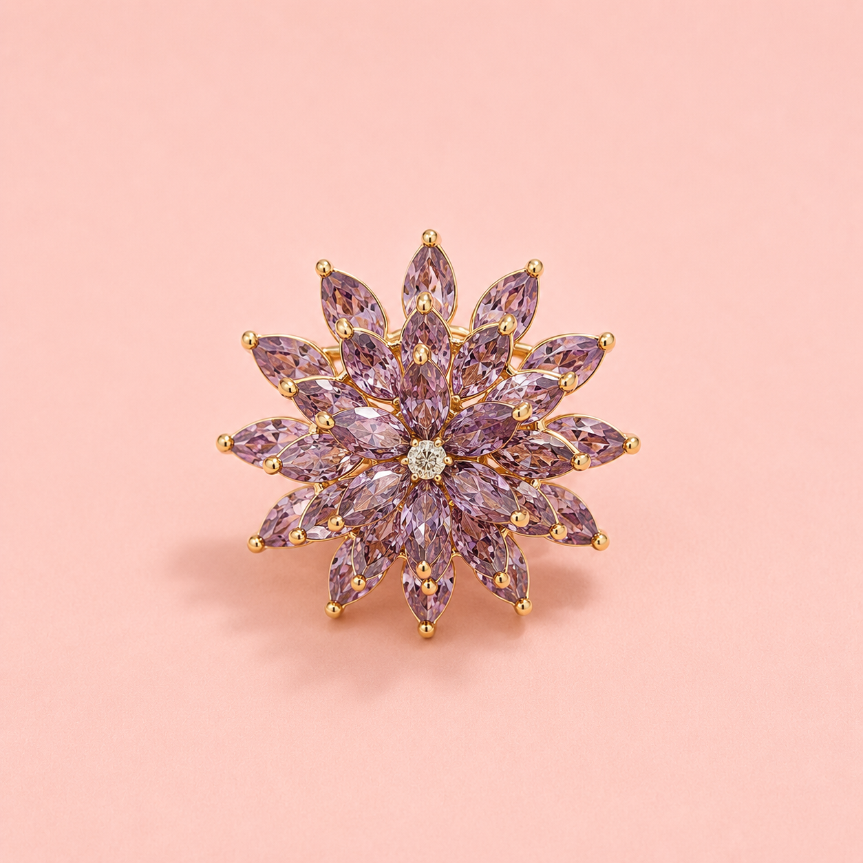 Drehbare Blumen Brosche mit violetten Zirkonia – vergoldet, 29 mm