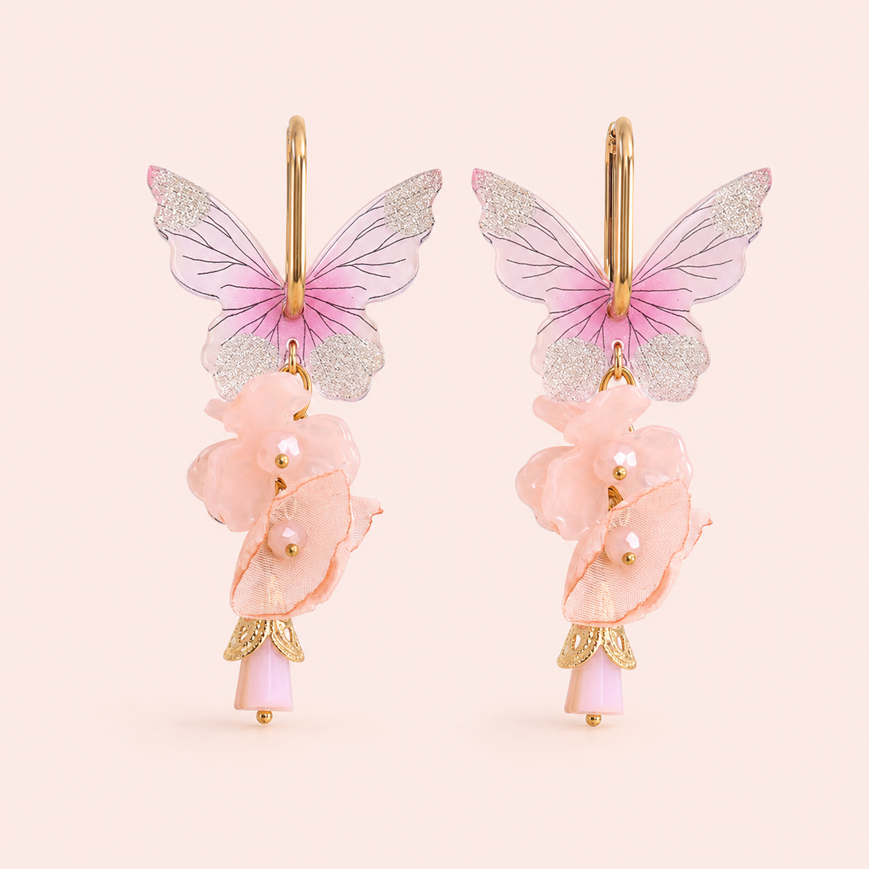 Schmetterlings Ohrringe mit Acrylblüten, Rosa "Butterfly" – vergoldet, 80 mm