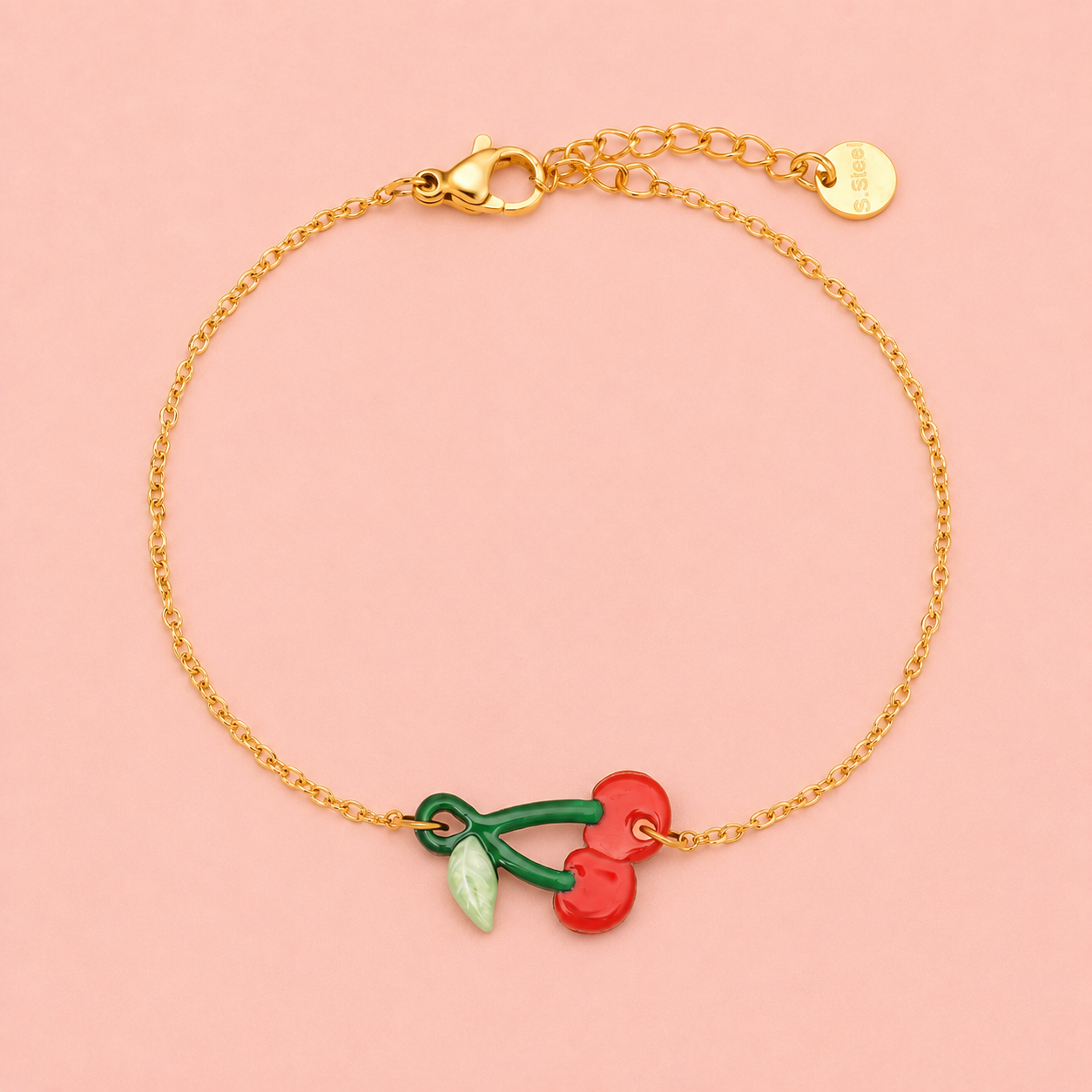 Cherry Kirschen Armband / Armkette - vergoldet, 17cm