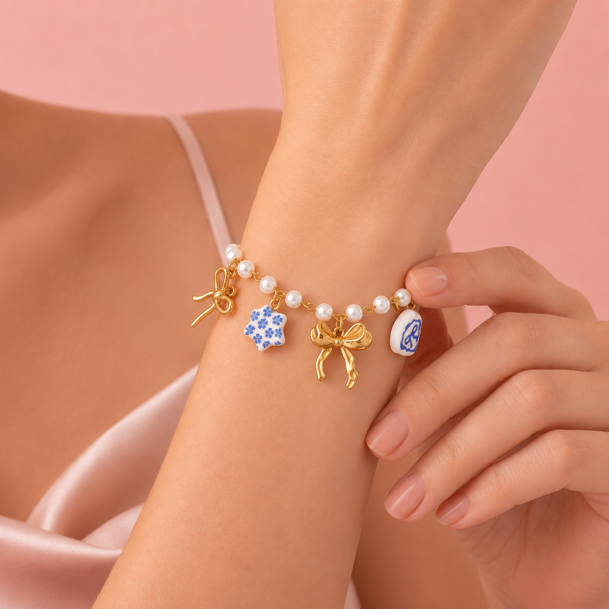 Schleifen und Charms Armband / Armkette - vergoldet, 18cm