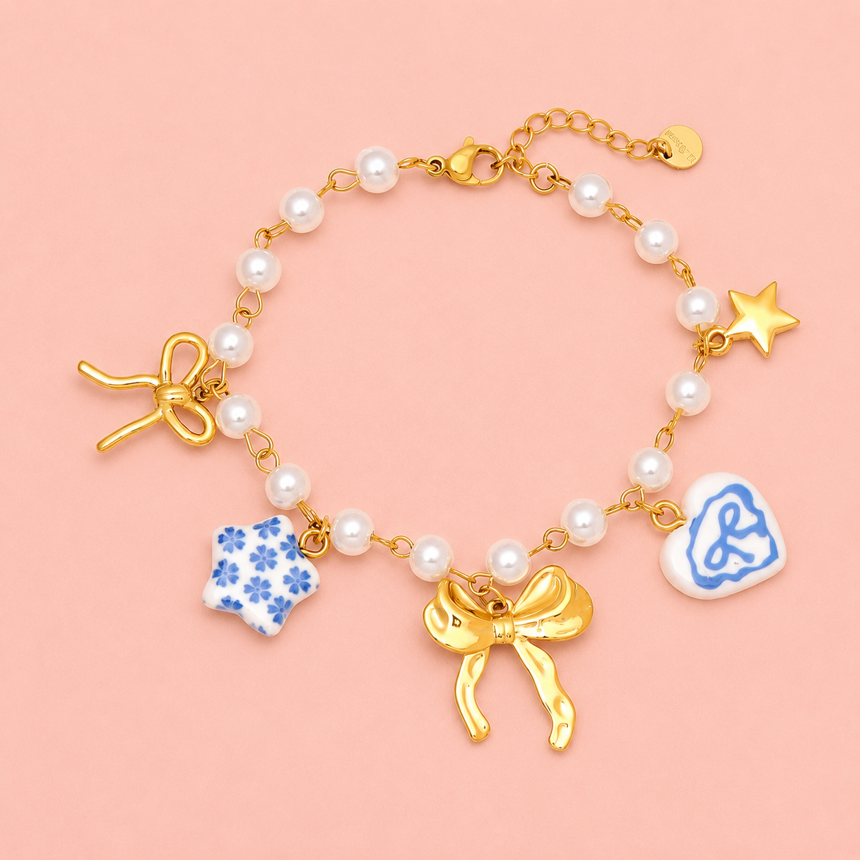 Schleifen und Charms Armband / Armkette - vergoldet, 18cm