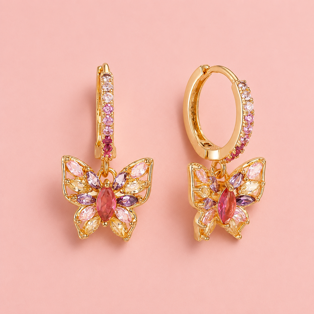 Schmetterlings Creolen mit Zirkonia – vergoldet, 22 mm
