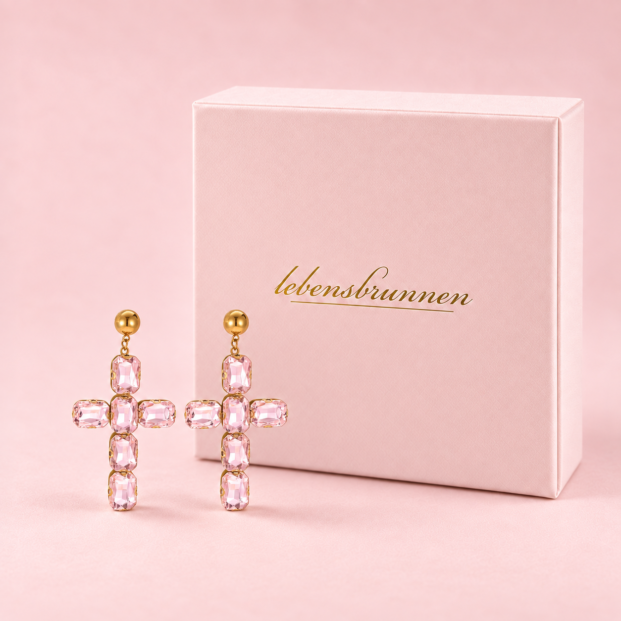 Ohrringe Glas Kristall Kreuz pink / rosa – vergoldet, 70 mm