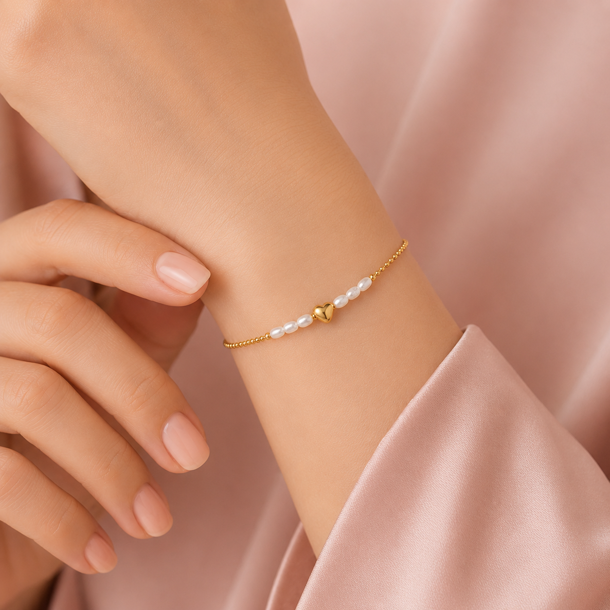 Armband Süßwasser-Perlen und mini Herz - vergoldet, 17cm