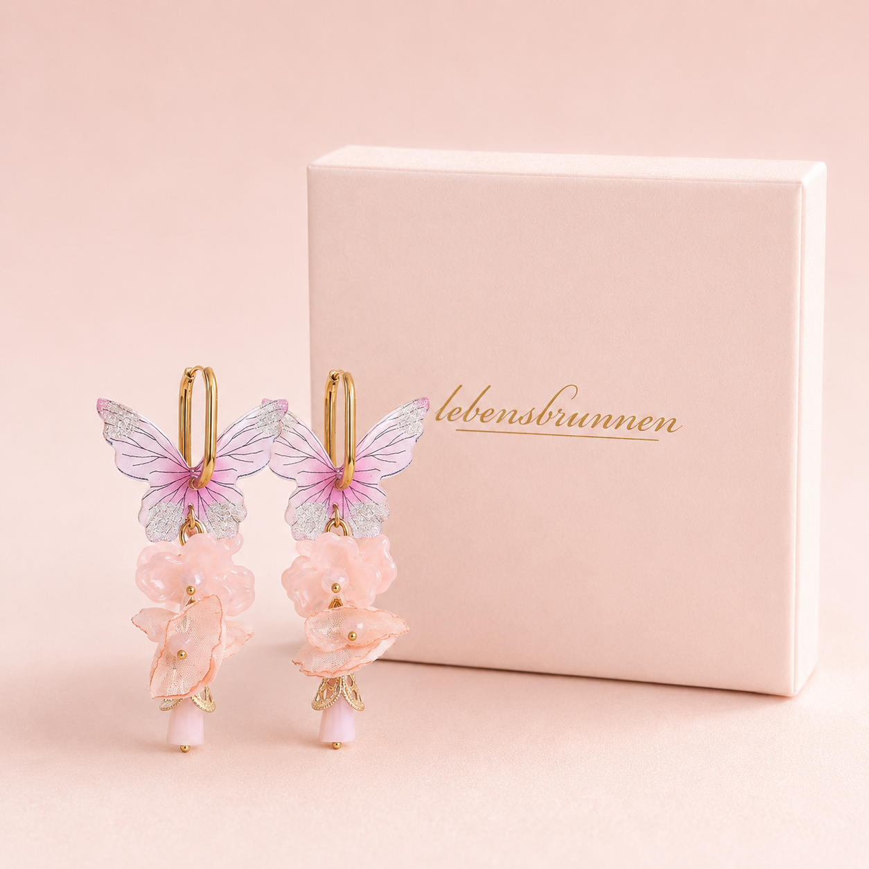 Schmetterlings Ohrringe mit Acrylblüten, Rosa "Butterfly" – vergoldet, 80 mm