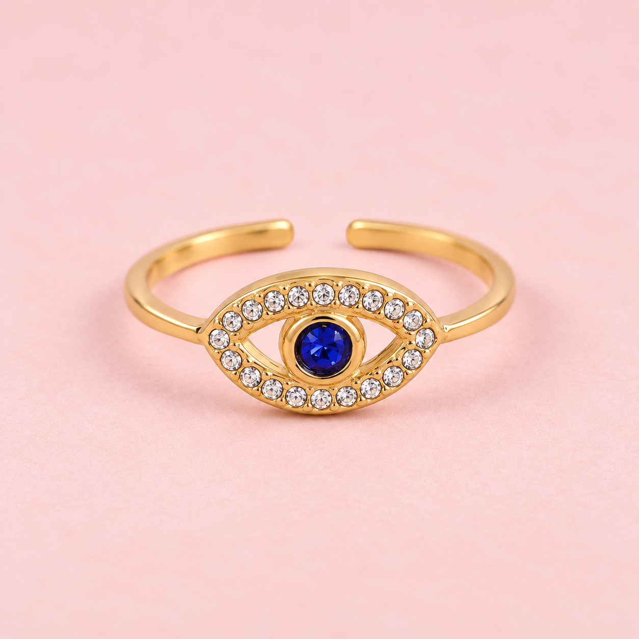 Schöner Ring mit blauem Augenmotiv und Zirkonia, verstellbar, vergoldet