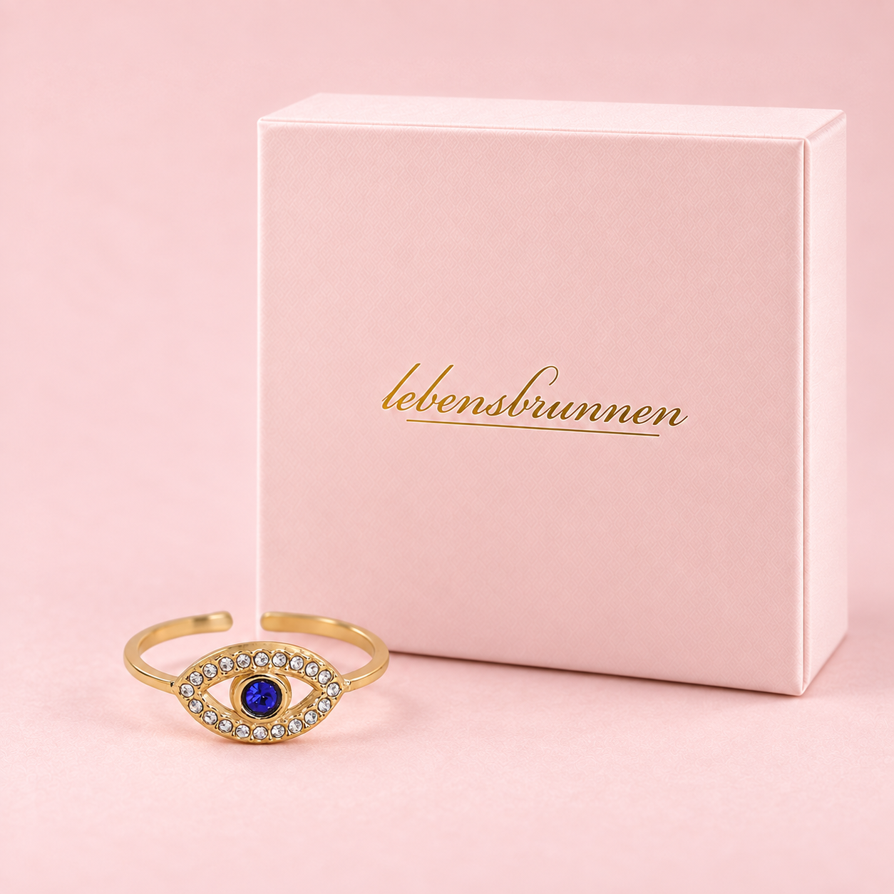 Schöner Ring mit blauem Augenmotiv und Zirkonia, verstellbar, vergoldet