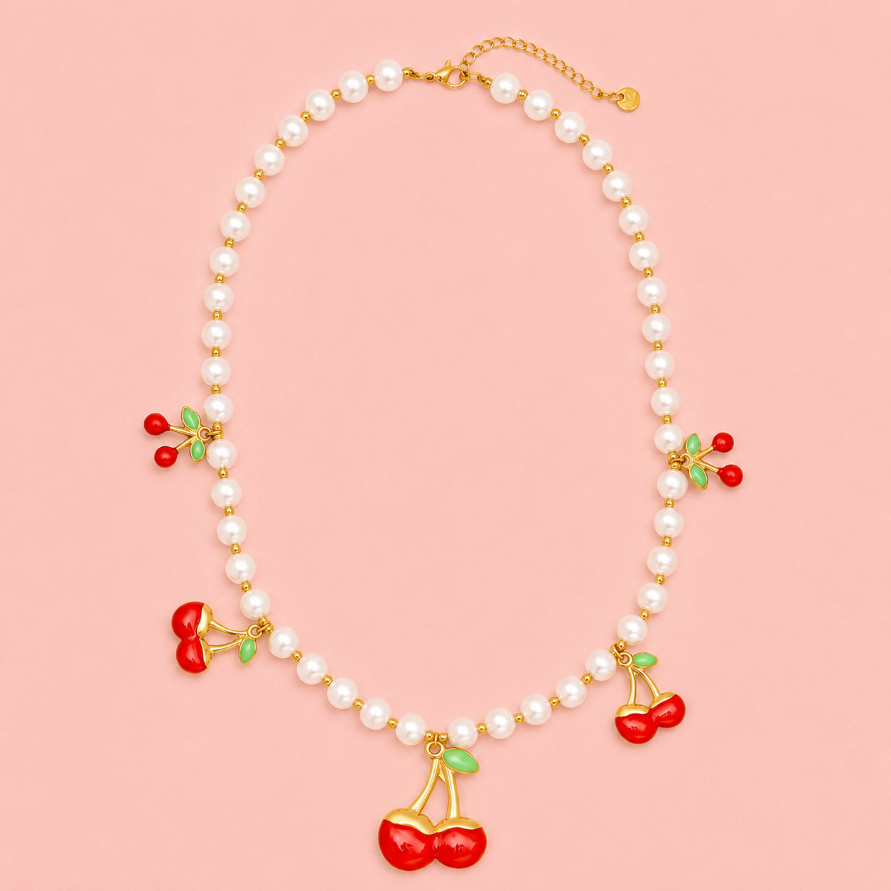 Kirschen und Kunstperlen Halskette "Cherry In Pearl" - vergoldet, 45cm
