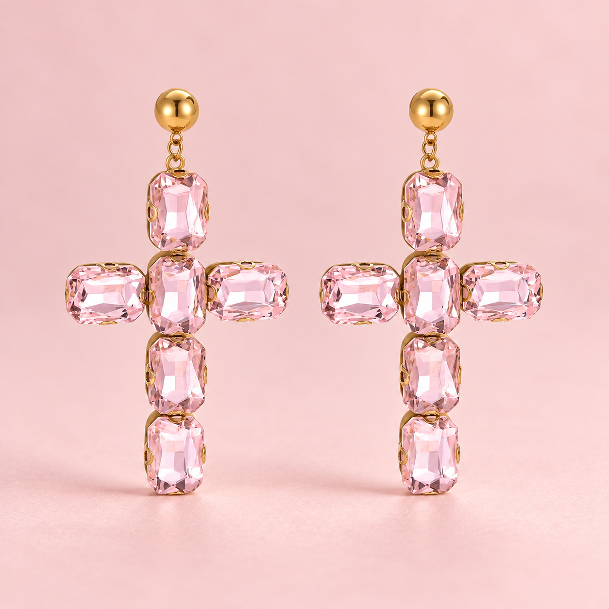 Ohrringe Glas Kristall Kreuz pink / rosa – vergoldet, 70 mm