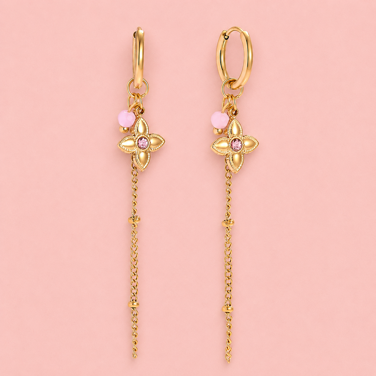 Blumen Ohrketten mit Zirkonia – vergoldet, 60 × 10 mm
